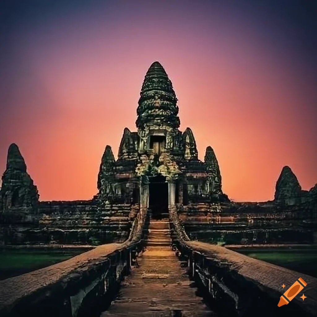 Dusk over the temples of Angkor with a person pausing at a door