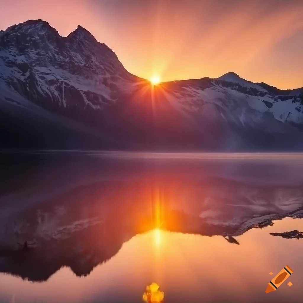 Sunrise on a lake surrounded by snowy mountains on Craiyon