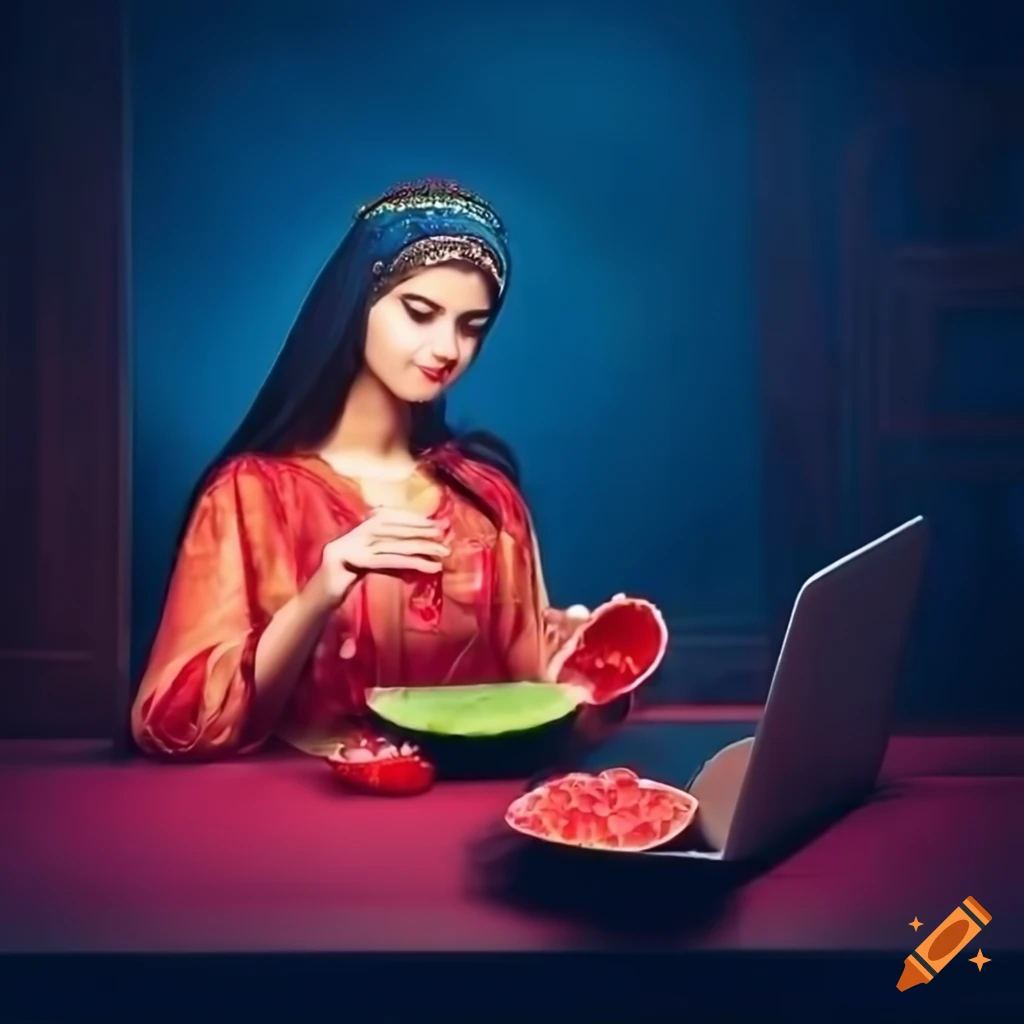 Girl in traditional Iranian dress looking at laptop with Shab-e Yalda night fruits on desk