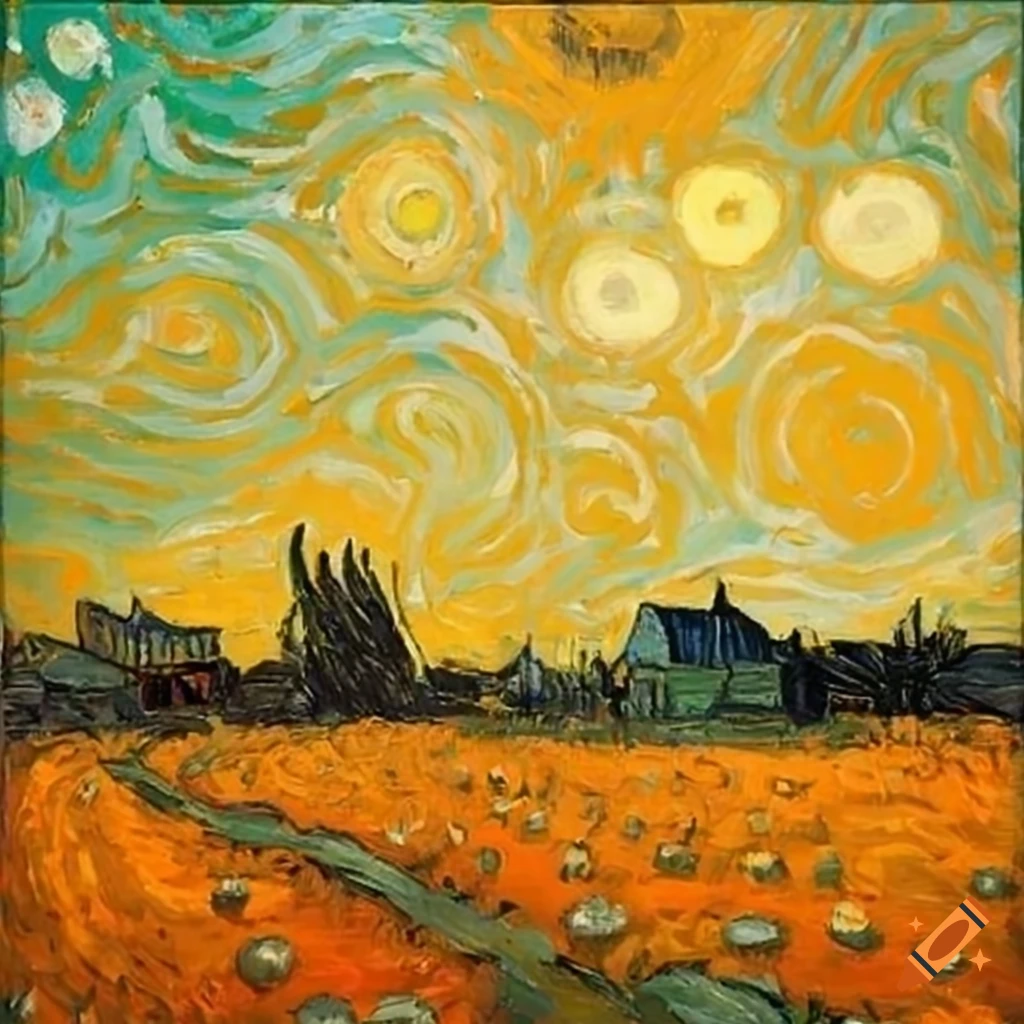 Van Gogh's painted pumpkin field during golden hour