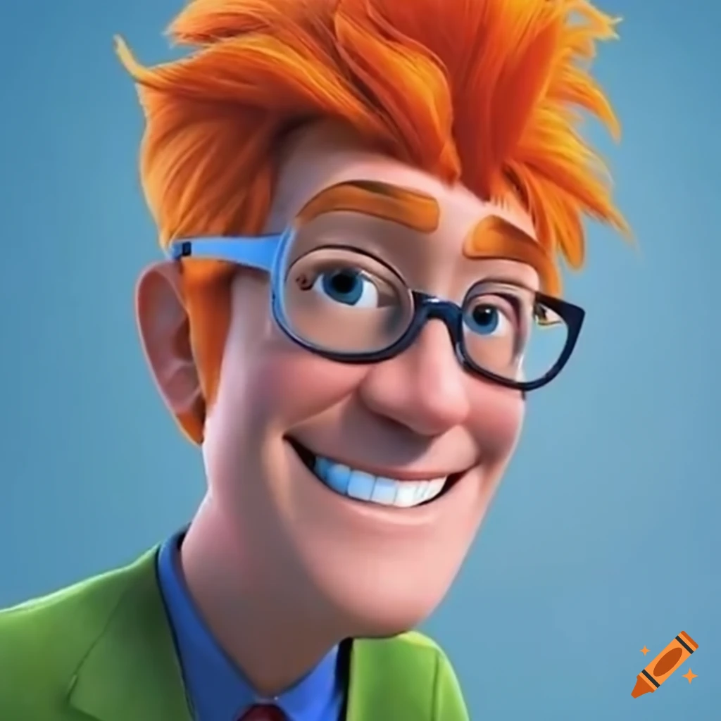 Happy man with orange hair and glasses in 3d animation style