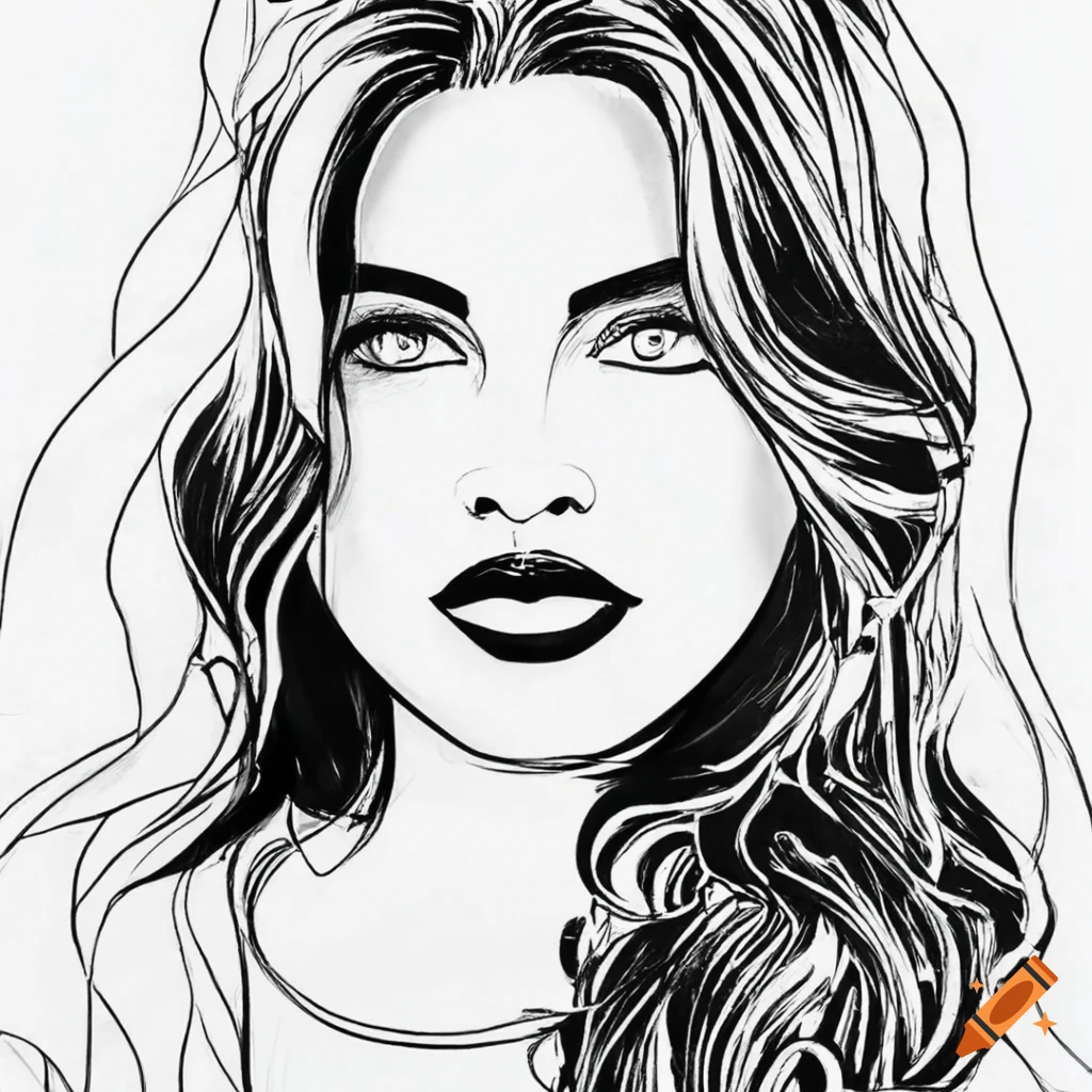 High-resolution black and white line art of a woman for inking practice