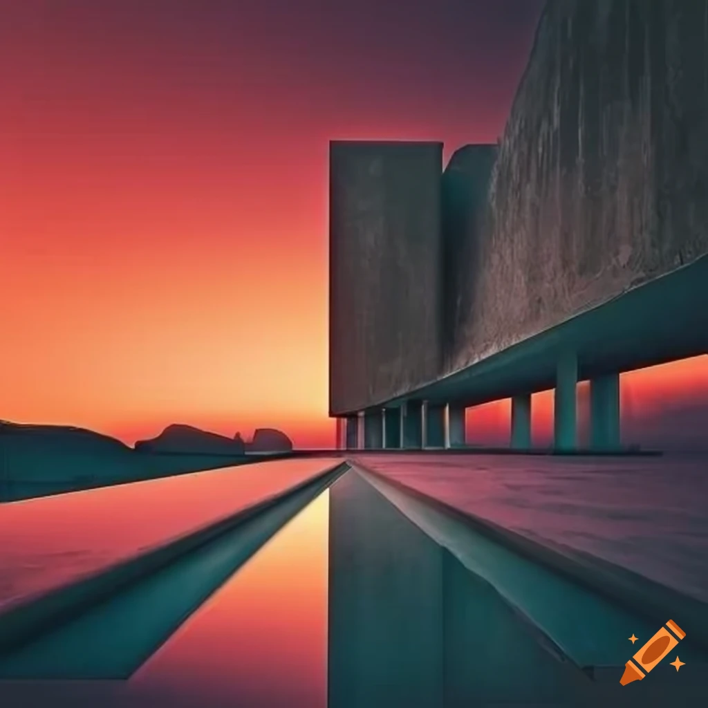 Sunset over a brutalist architectural structure