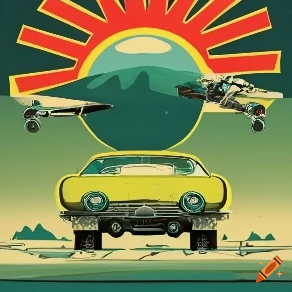 Retro-style car, skate, and rock propaganda poster with aliens and zoobie