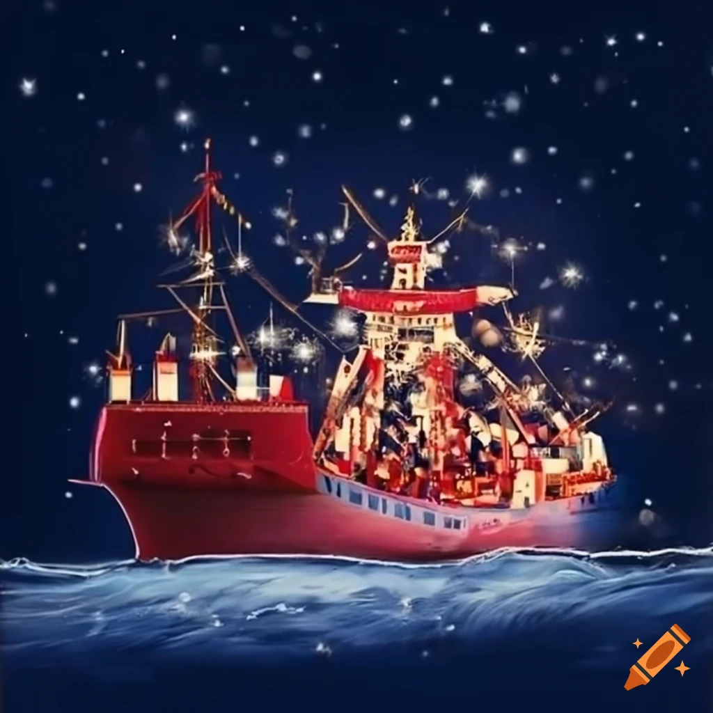 Container ship in a wintery Christmas scene on Craiyon