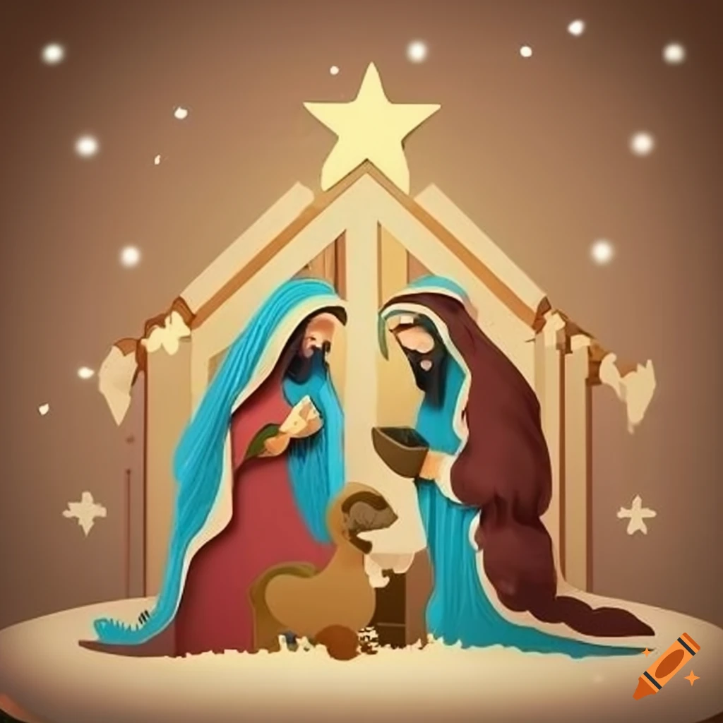 Simple Christmas nativity scene with labeled elements for children learning to read