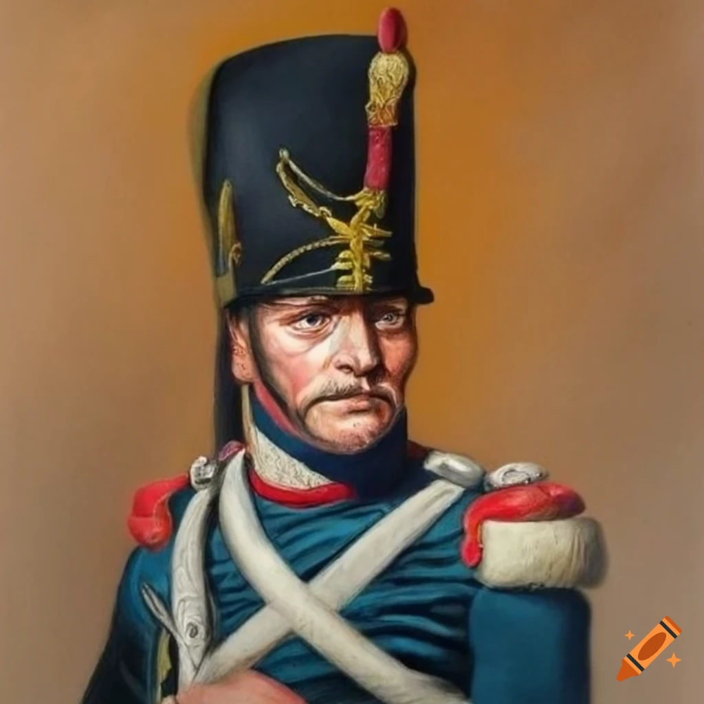 Closeup hyperrealistic graphite pencil portrait of a French Napoleonic soldier