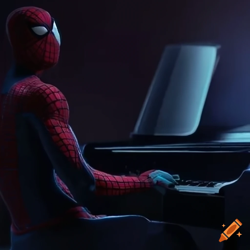 Spiderman playing a grand piano