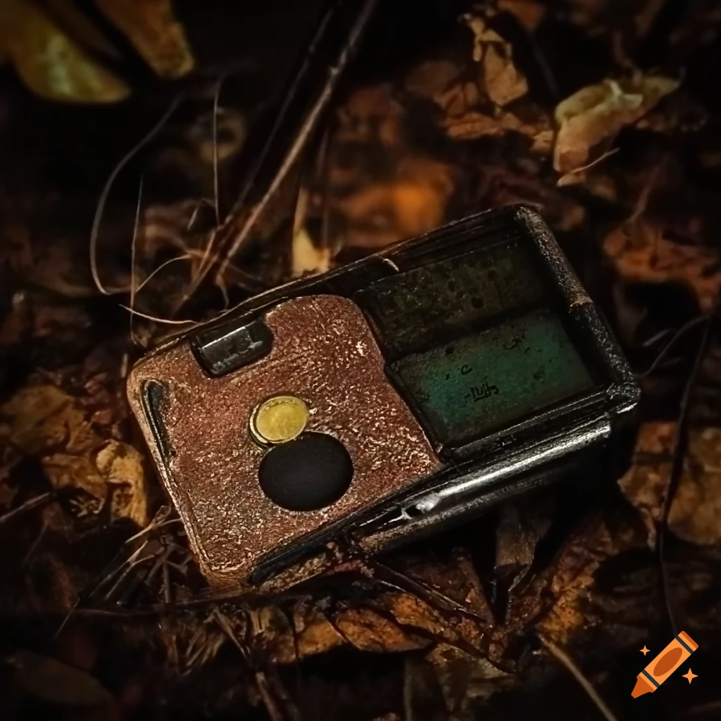 Vintage pocket audio recorder in a forest at night with a firefly