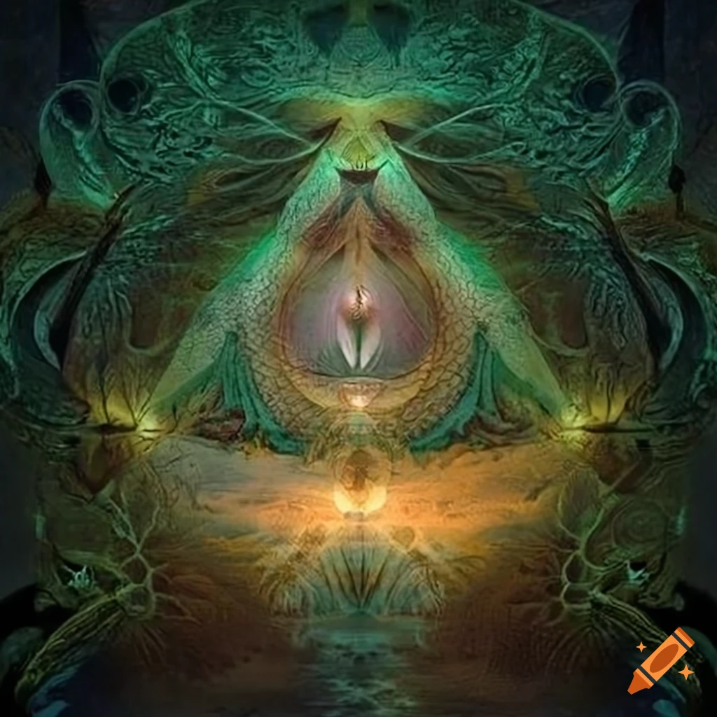 Ouroboros serpent forming a triangle with a flourishing garden inside