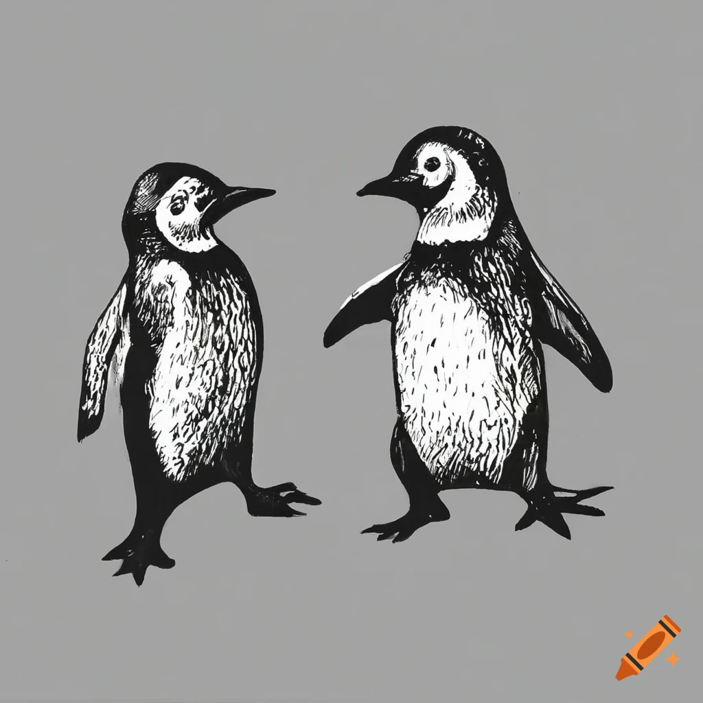Ink drawing of penguins dancing on Craiyon