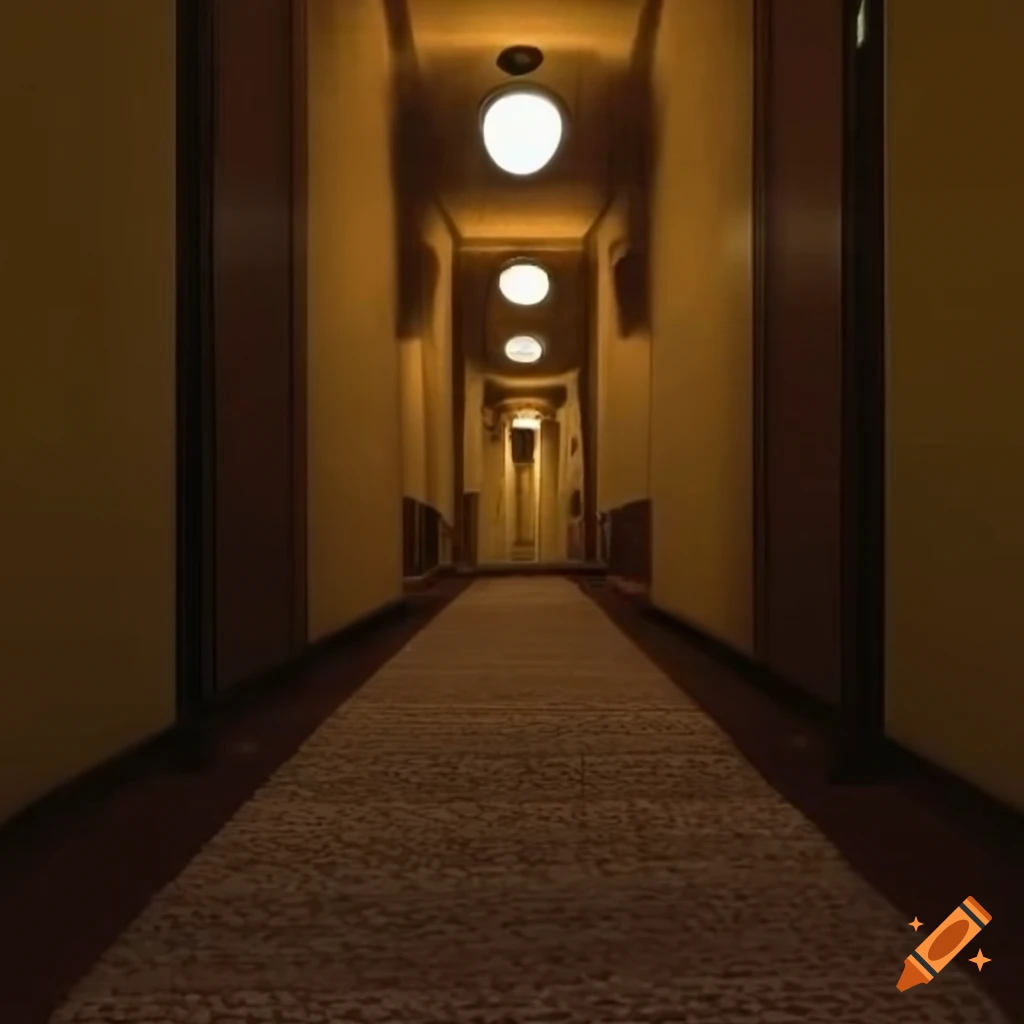 Softly lit hotel hallway with a freight light at the other end