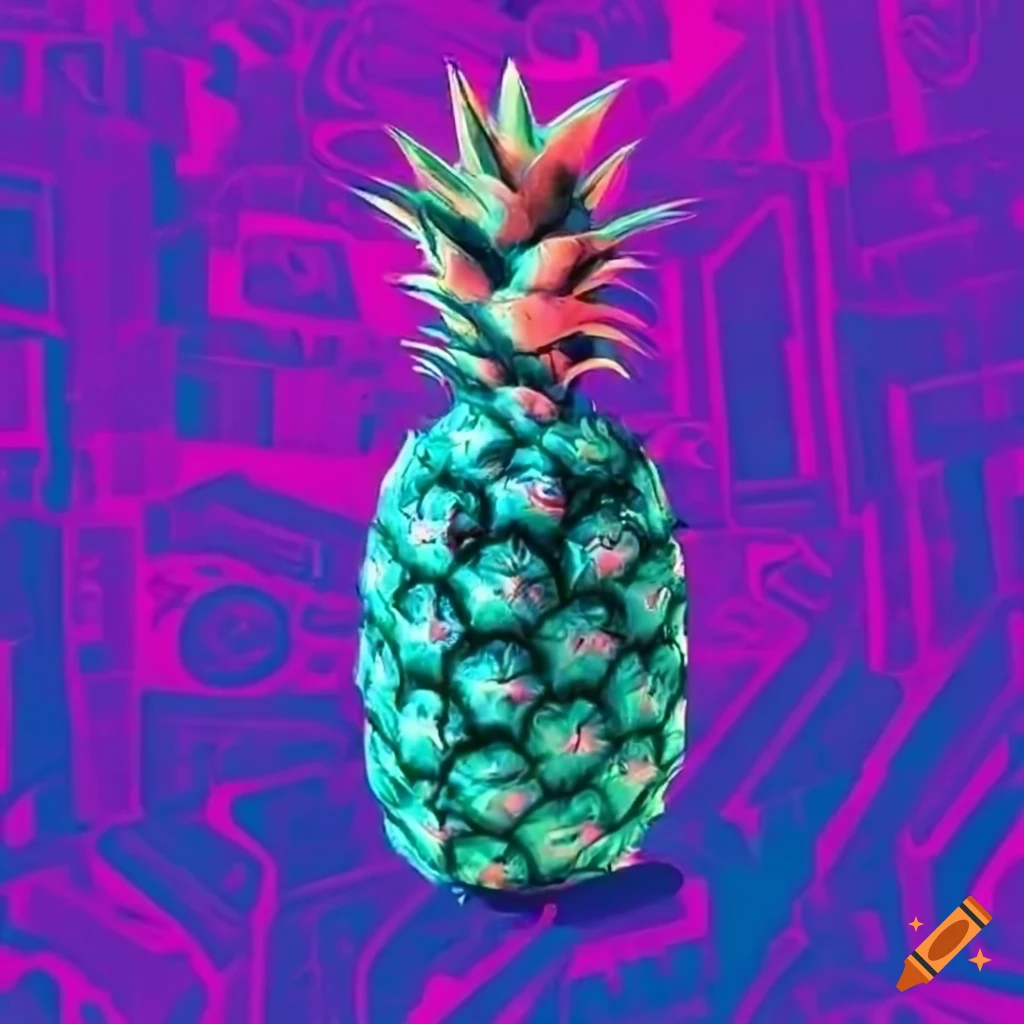 Vaporwave pineapple towering over the city