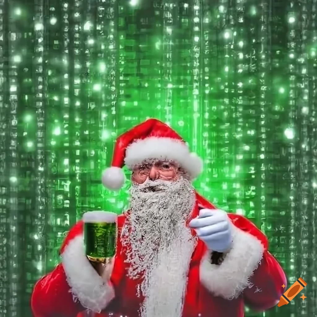 Santa celebrating the holiday season with beer cheers in a matrix