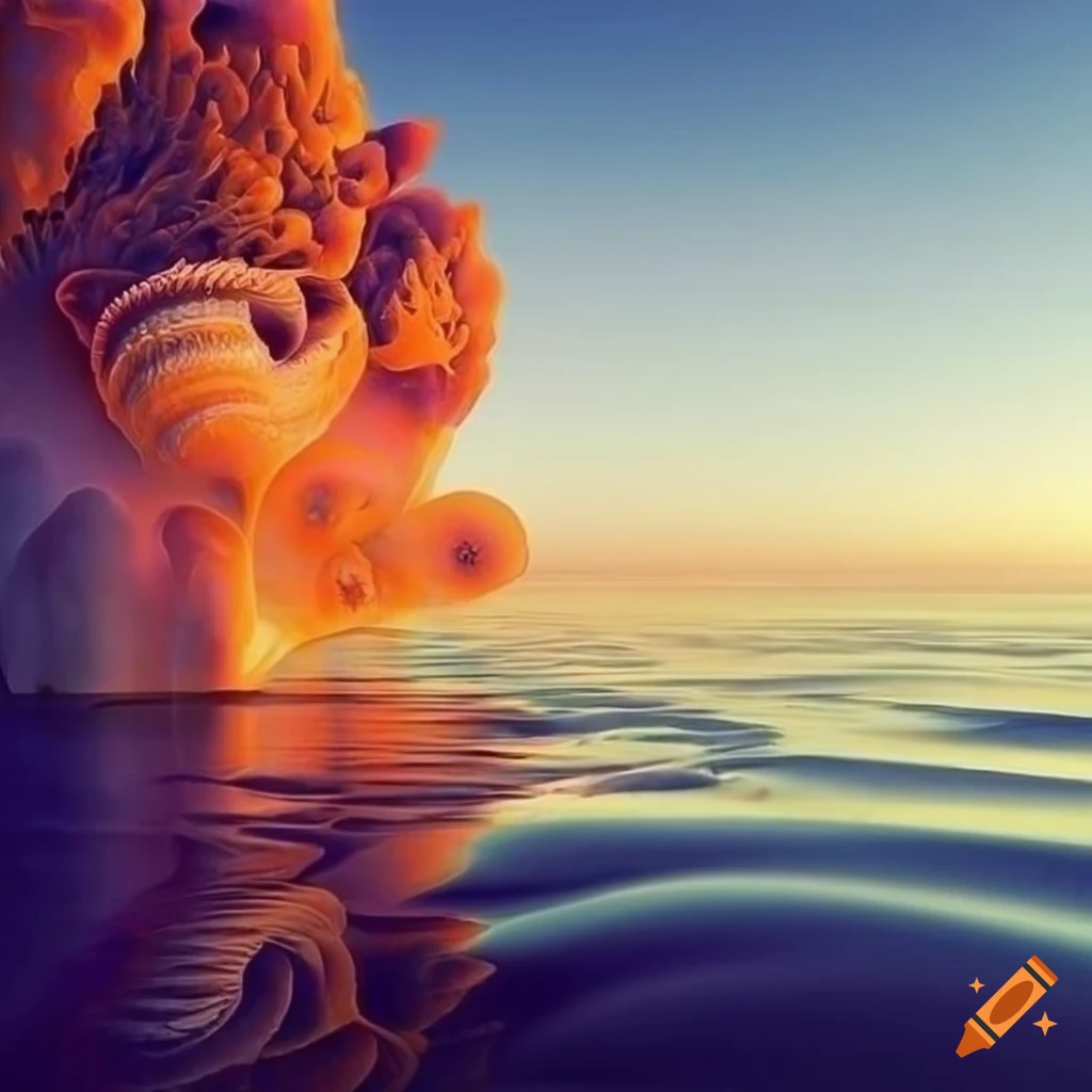 Surreal coral hills and seashells with exotic flowers on the shore