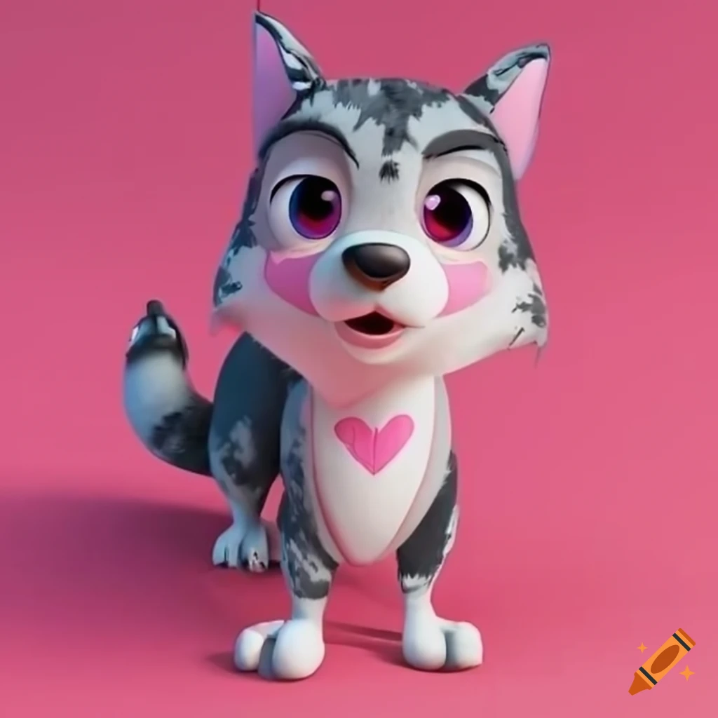 Cute 3d Pink And Red Valentine Merle Wolf Character Design With Heart Markings 