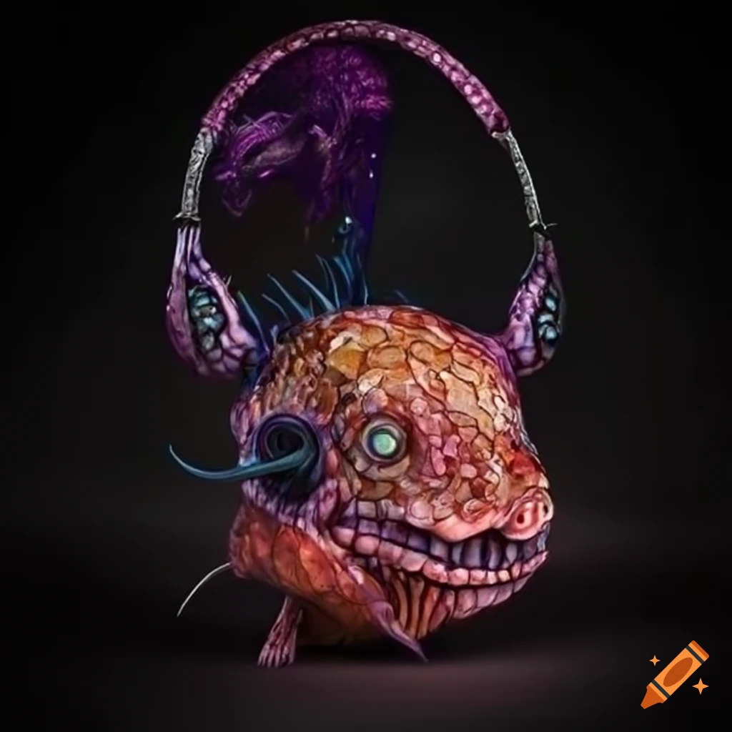 Monstrous Lovecraftian fish with stained glass headphones