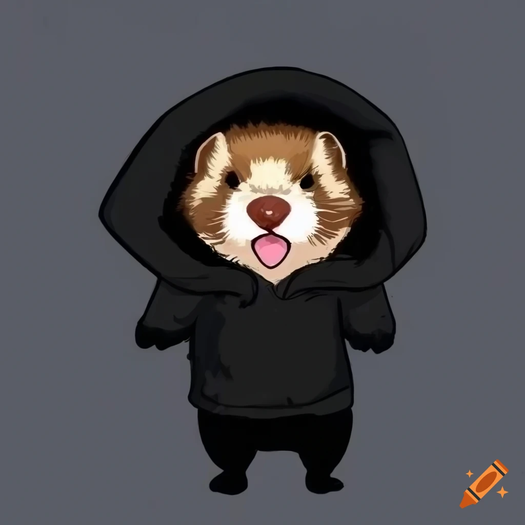 Portrait of a cute brown ferret in black hoodie in doodle style