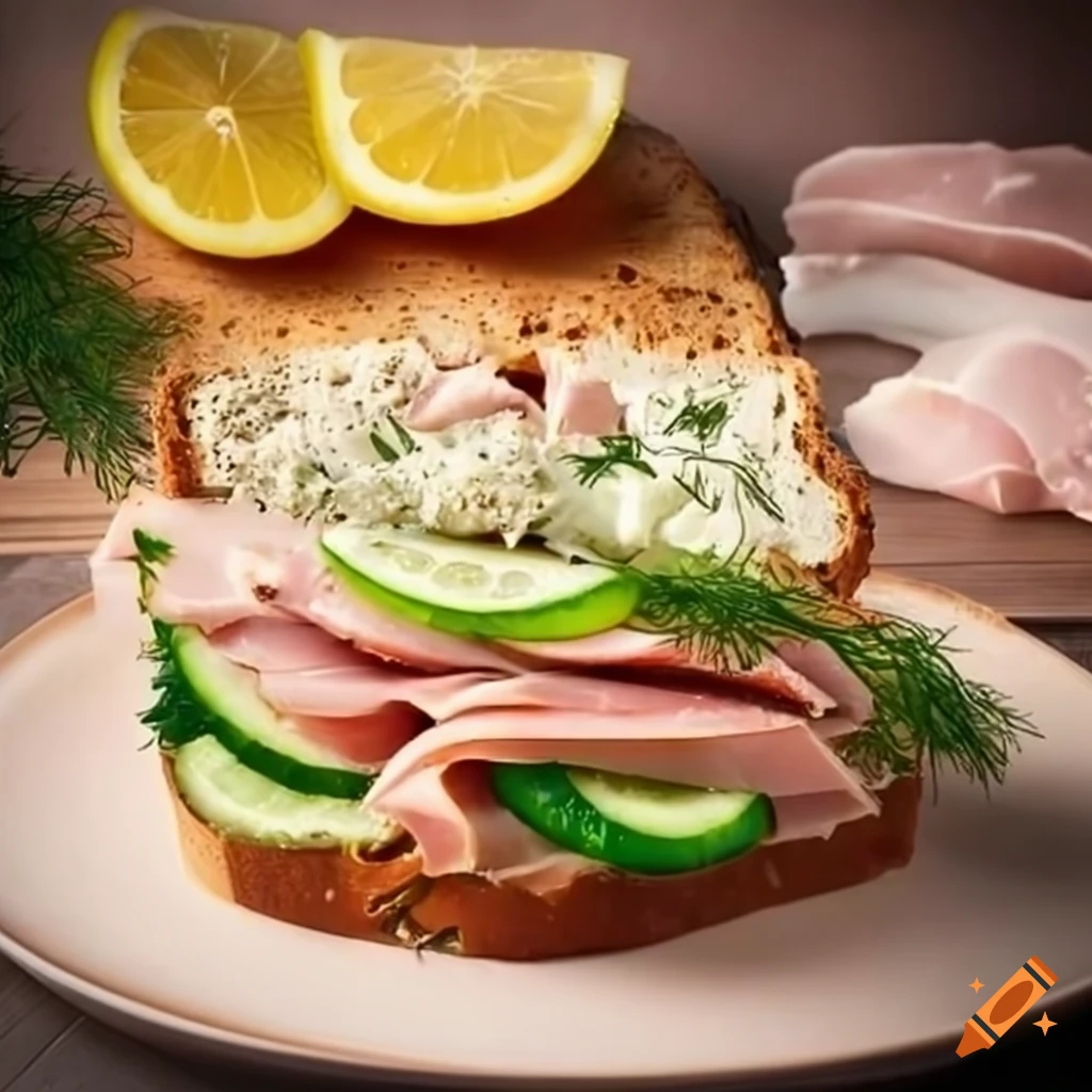 Bread with cream cheese, cucumber, lemon, dill, and a slice of turkey ham