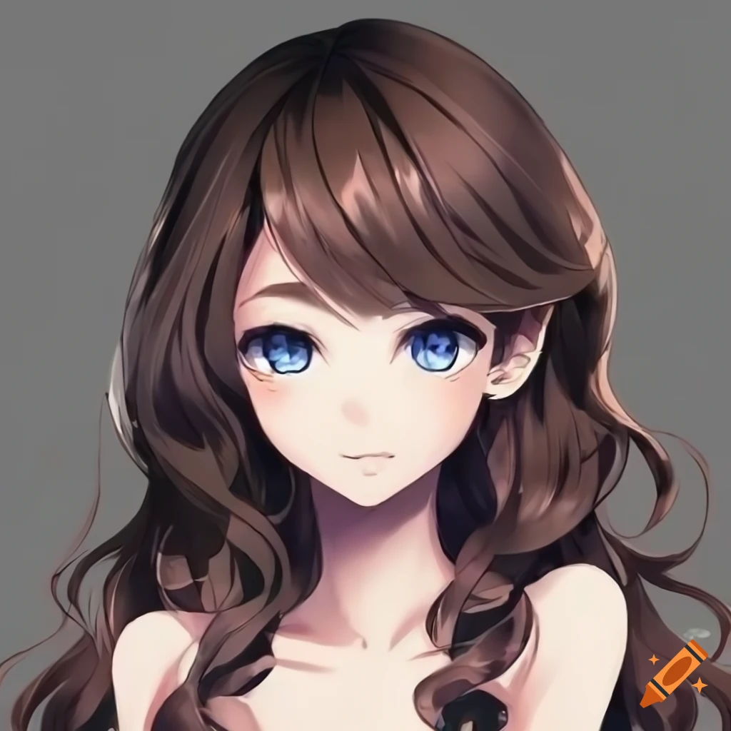 Anime girl with wavy dark brown hair, dark blue eyes, and freckles on ...