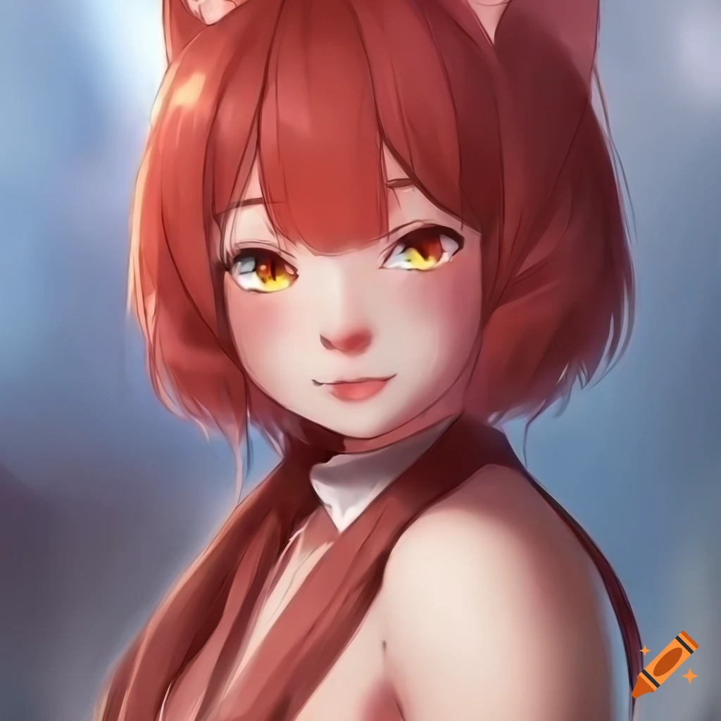 Smug and flirty anime catgirl with short red hair in a realistic style