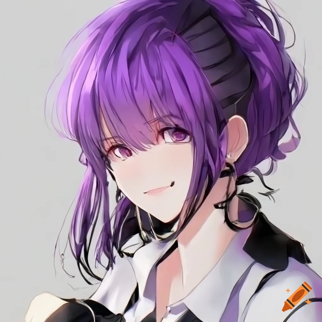 Anime girl with purple messy bun hair, thin sunglasses, white