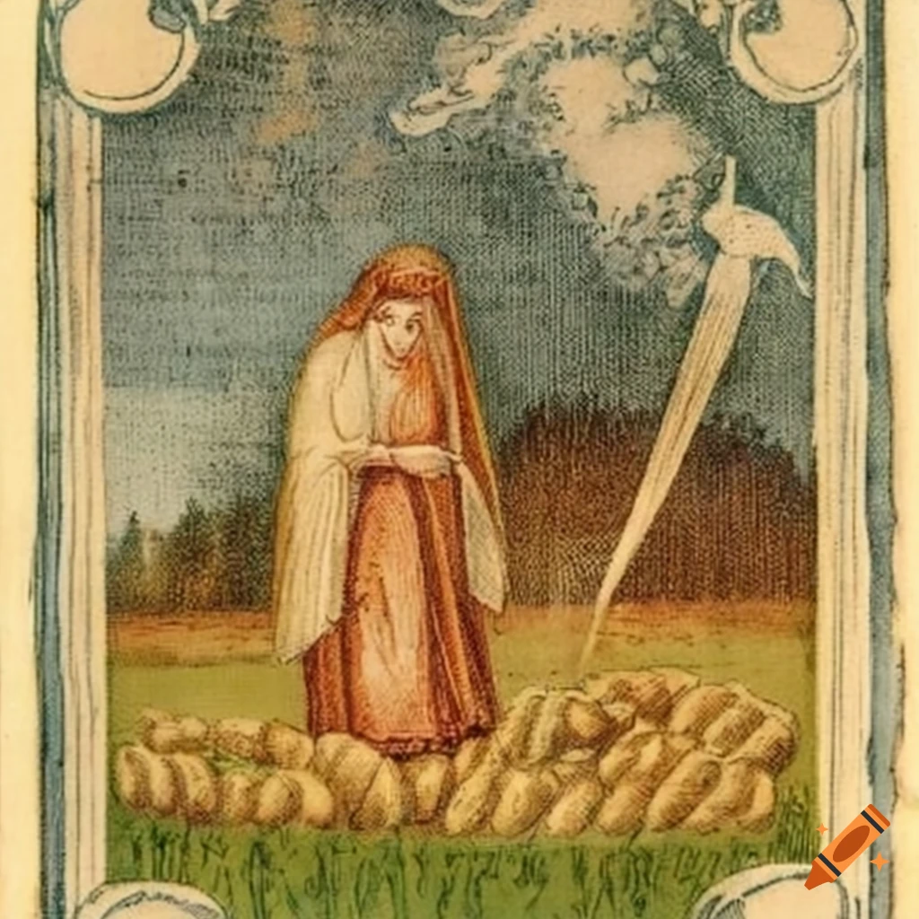 Holy card showing a field full of bread loaves