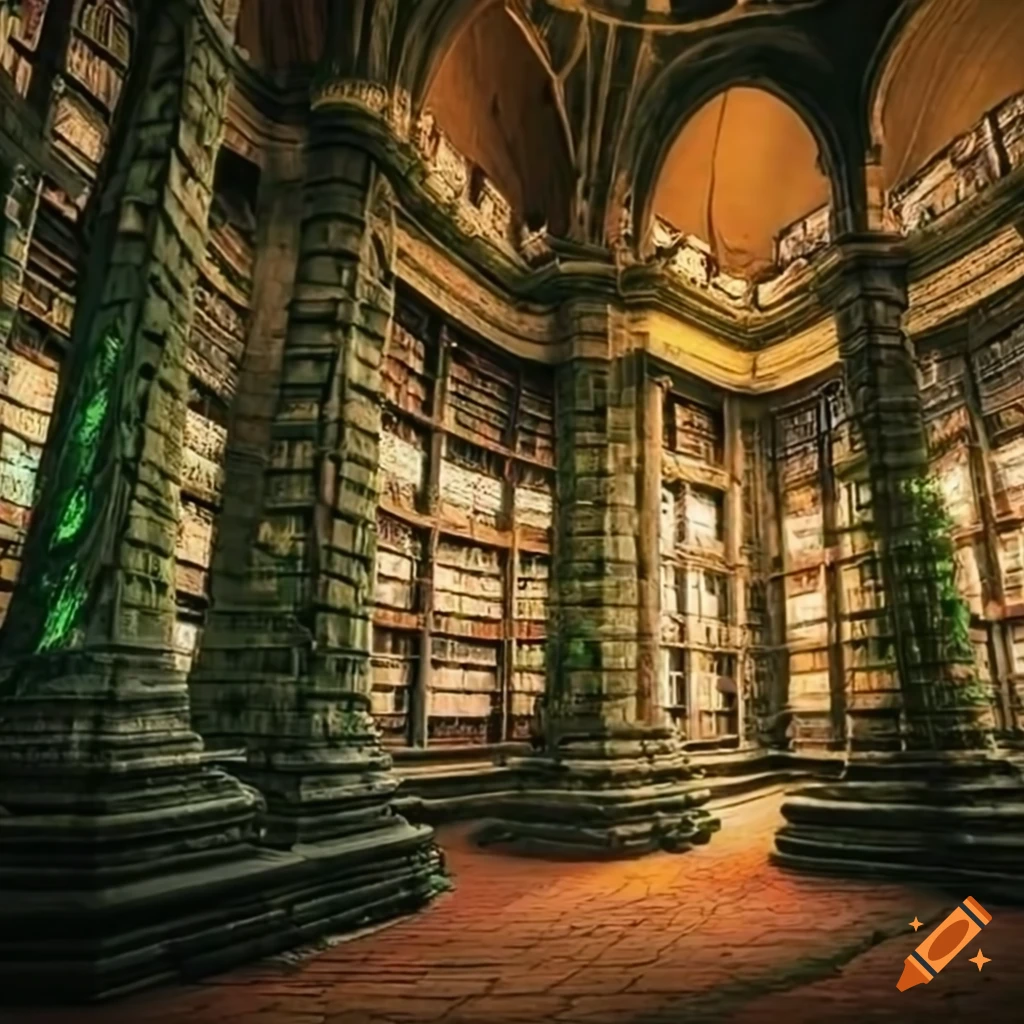 Gigantic ancient library in the middle of a bright enchanted forest on ...