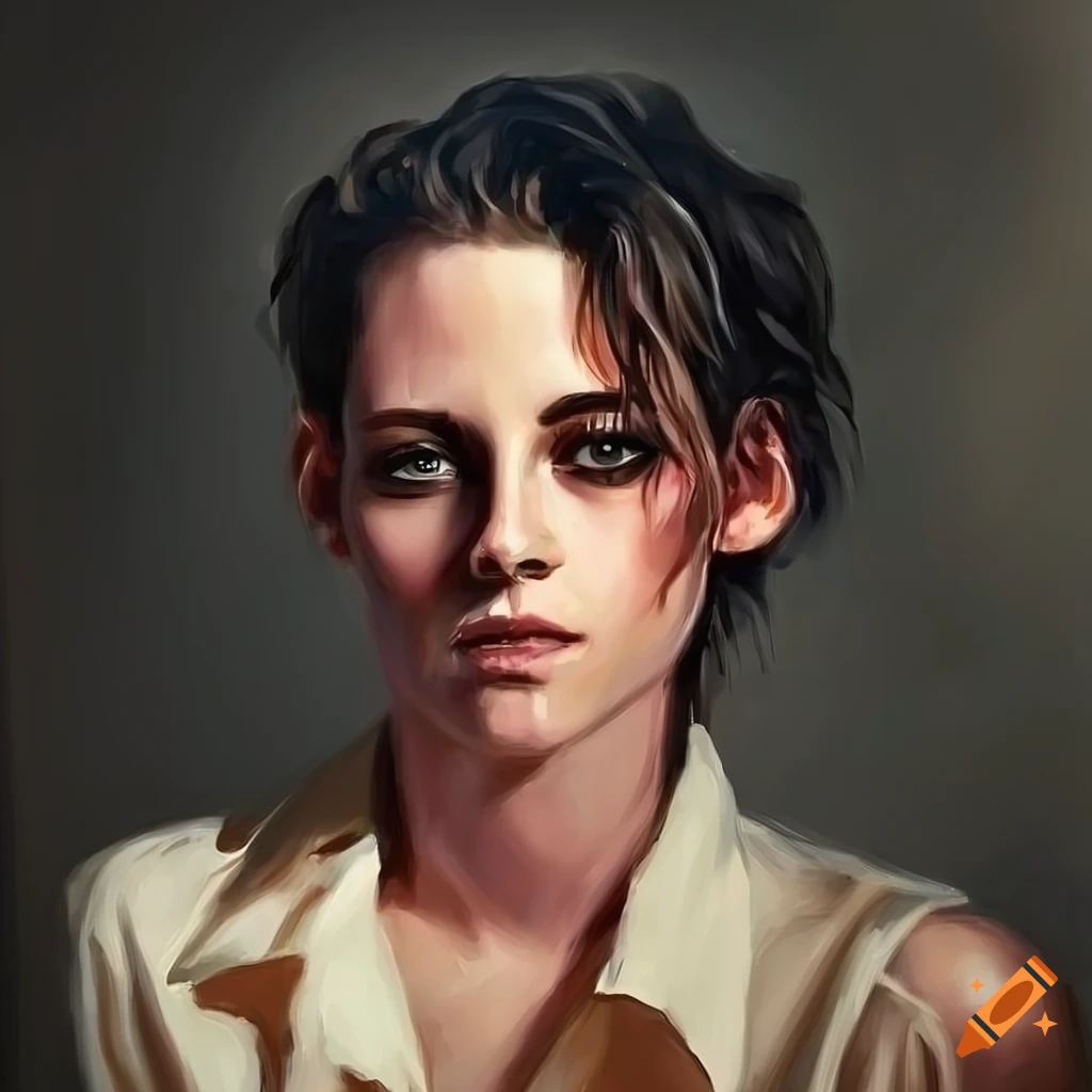 Moody oil painting of a woman in a cream silk shirt in a vintage room