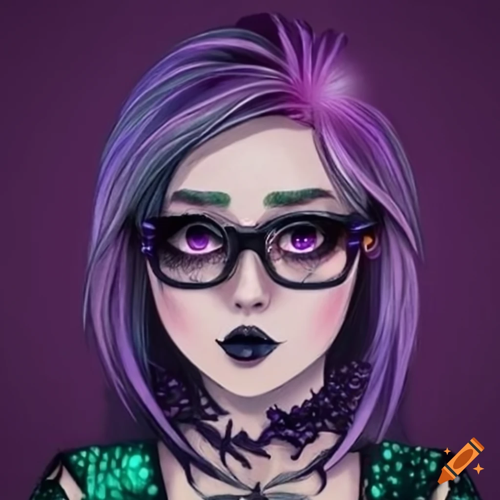 Gothic owl woman with black glasses and emerald/purple feathers in her hair