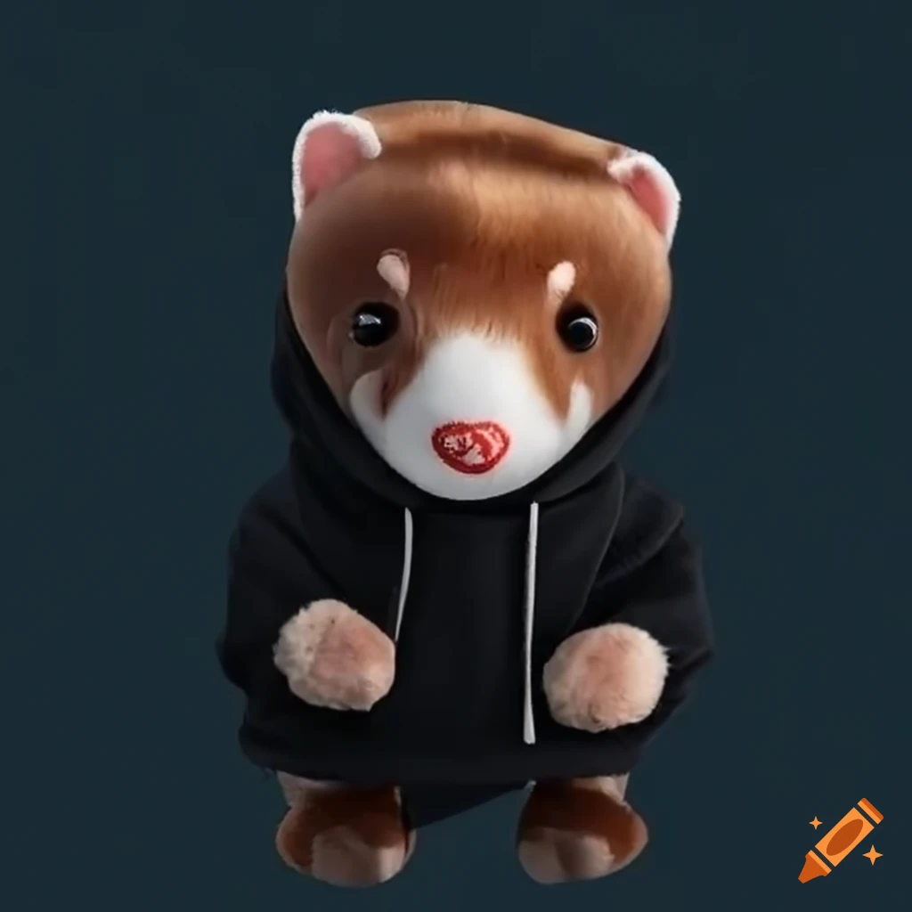 Brown ferret plushie in a black hoodie with a bow