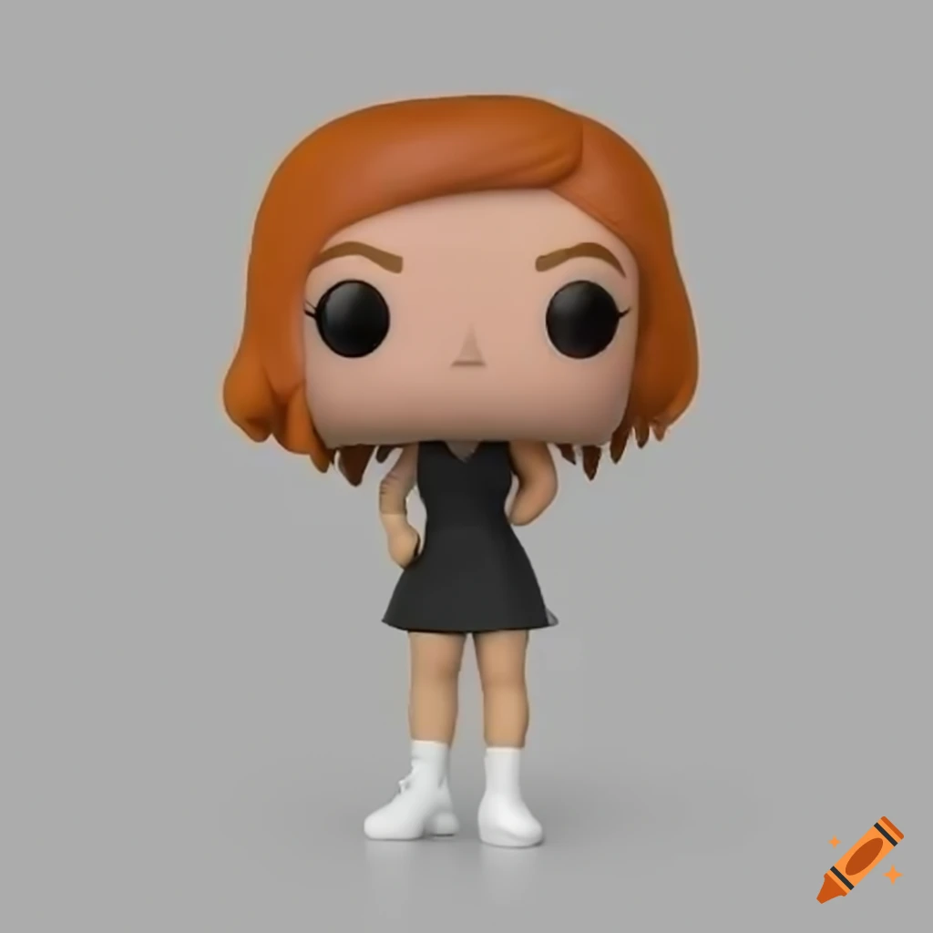 Funko figure of a smiling Caucasian female named Sara in a black tennis dress and white sneakers with long orange hair