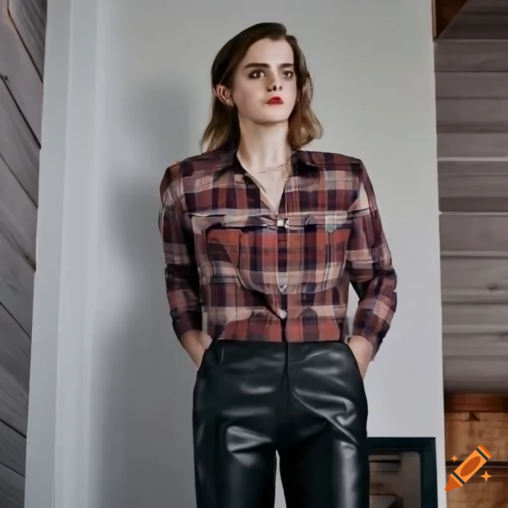 Young woman in country plaid shirt and high-waist black leather trousers standing in farmhouse kitchen