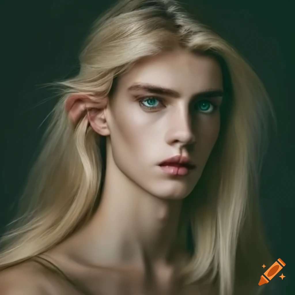 Handsome and gentle elf prince with green eyes and long light hair on ...