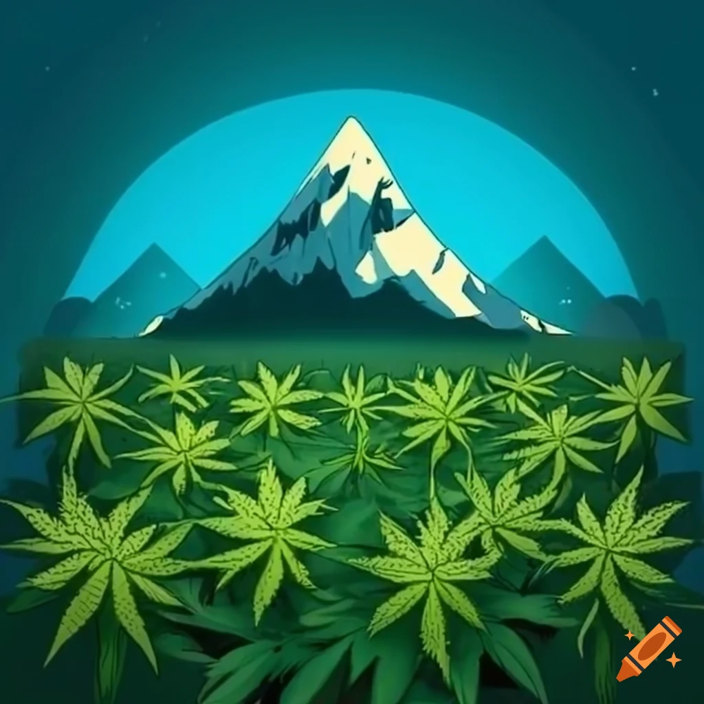 Cartoon marijuana field with mountains and water