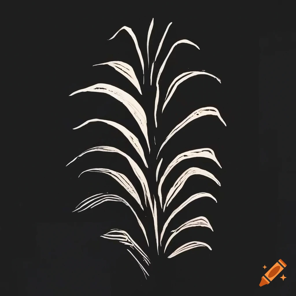 Minimalist black and white linocut print of a plant