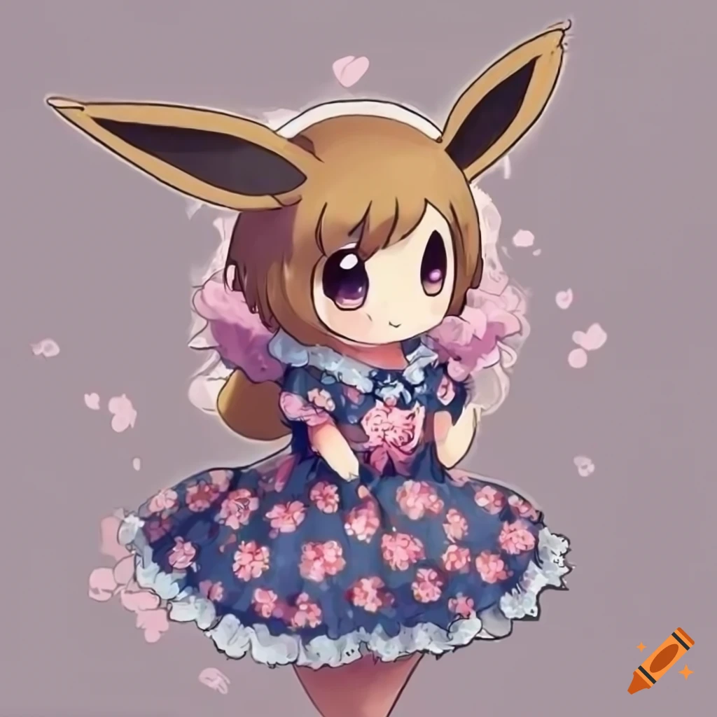 Eevee character in an elegant floral dress with full petticoat