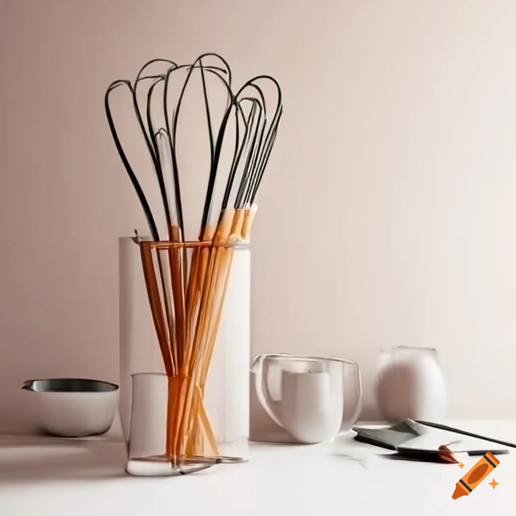 Minimalistic kitchen setup with sharpened pencils and a whisk