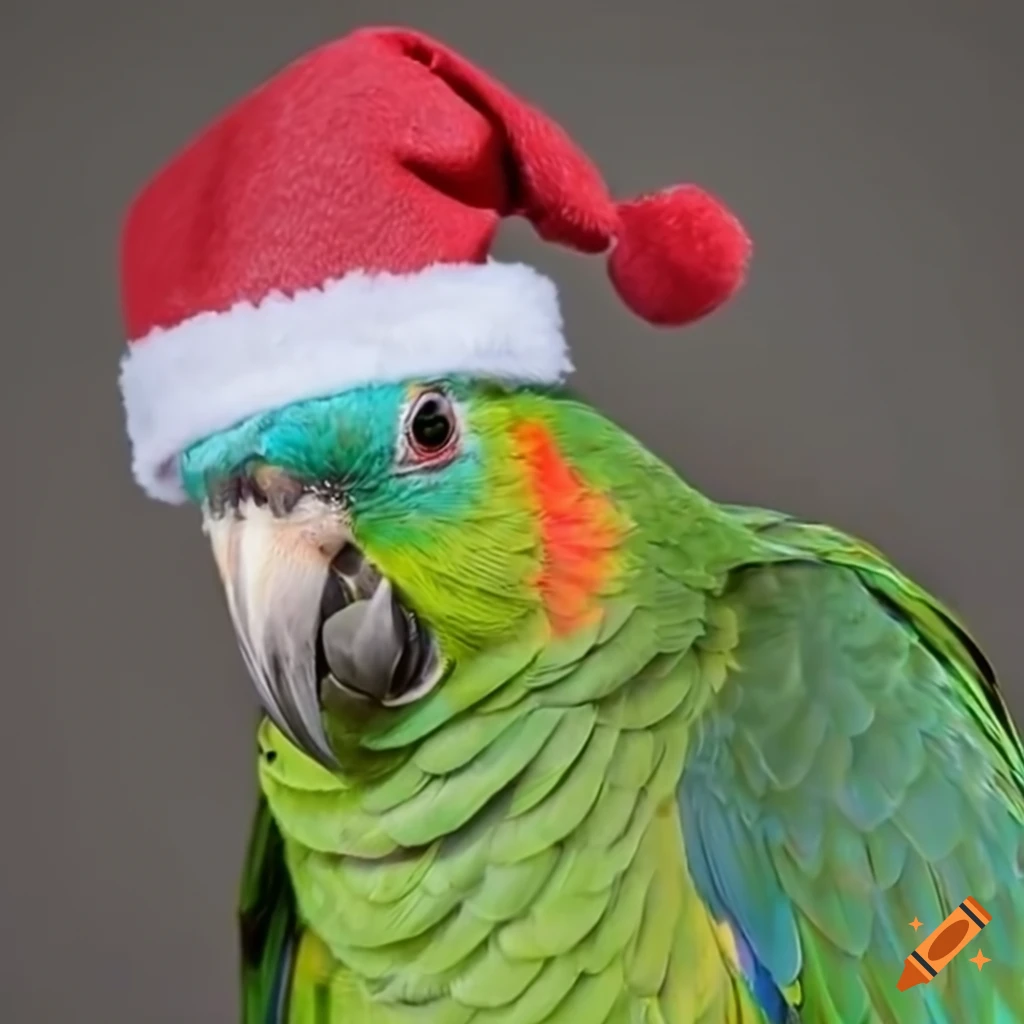 Blue head amazon parrot wearing a santa claus hat on Craiyon