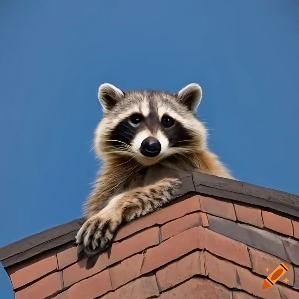 Happy raccoon popping out of a modern chimney on a sunny day