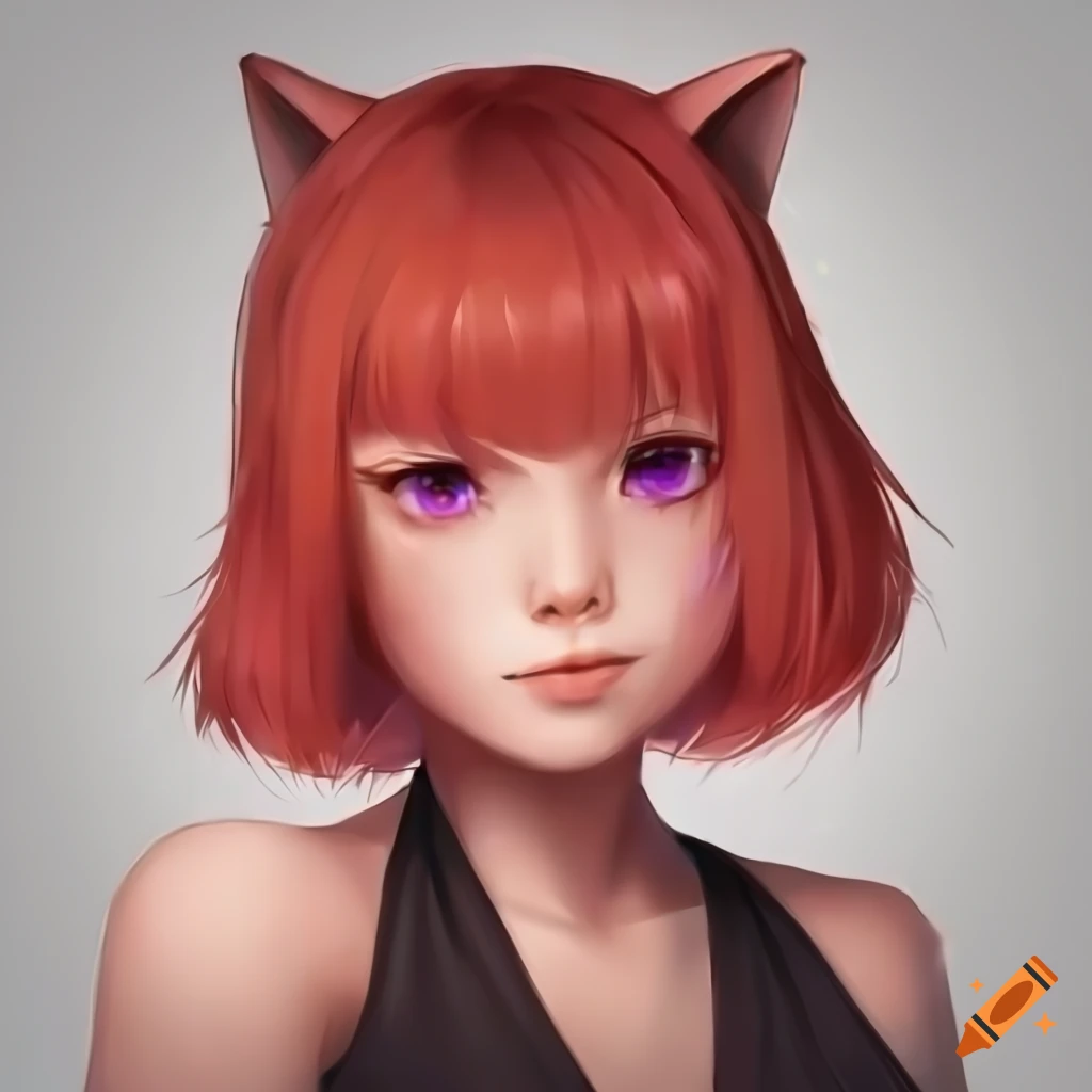 Smug and flirty anime catgirl with short red hair in a realistic style