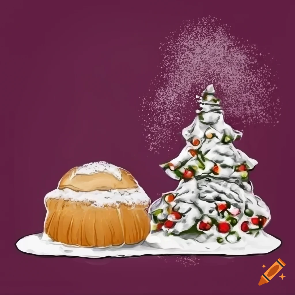 Swedish semla with powdered sugar and a small christmas tree in the background
