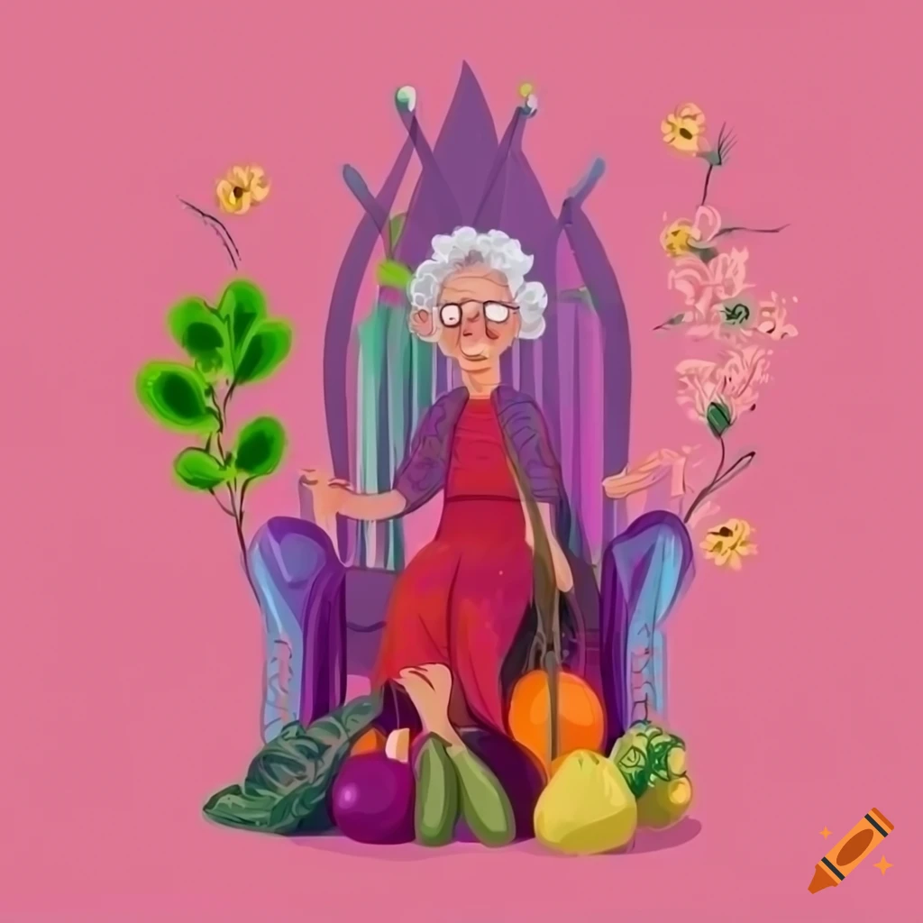 Happy purple-haired grandmother sitting on a vegetable throne surrounded by greenery and flowers