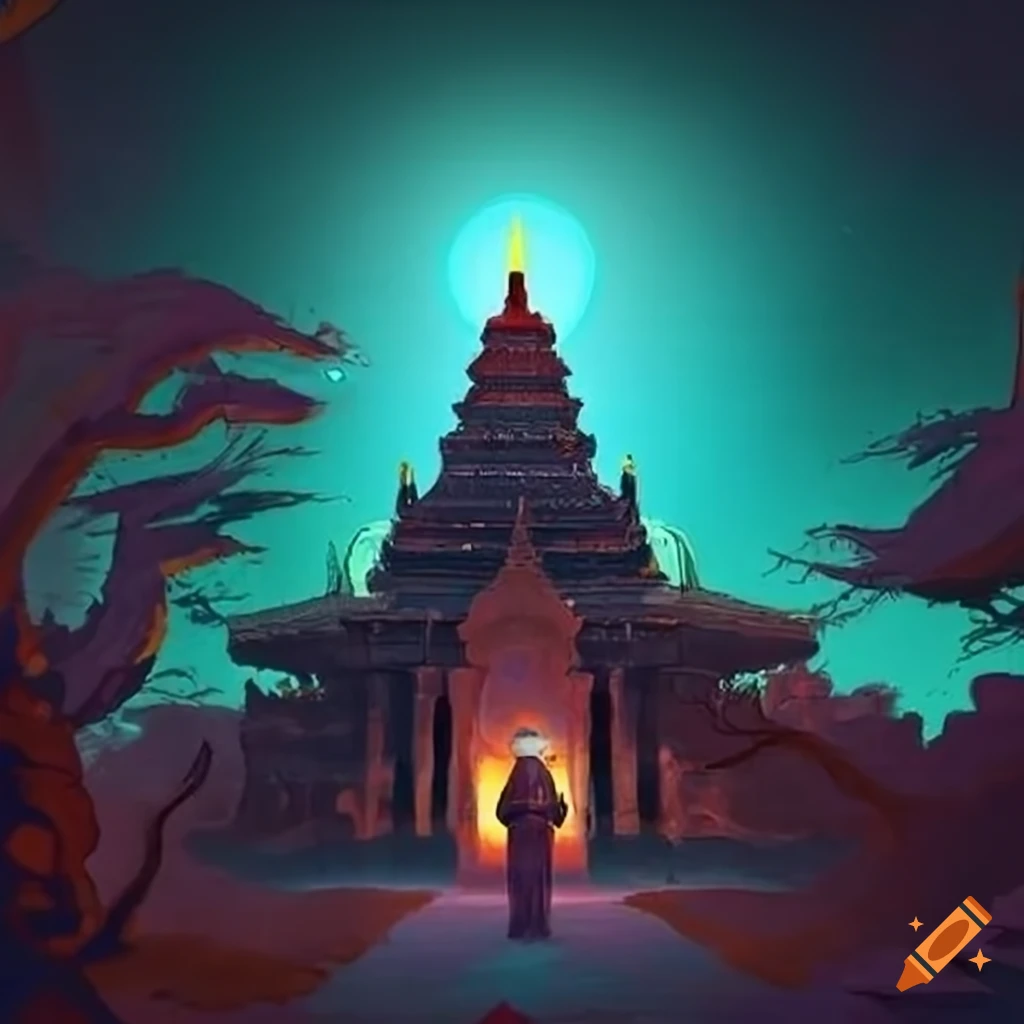 Person in evening gown gathering leaves at dusk near a temple