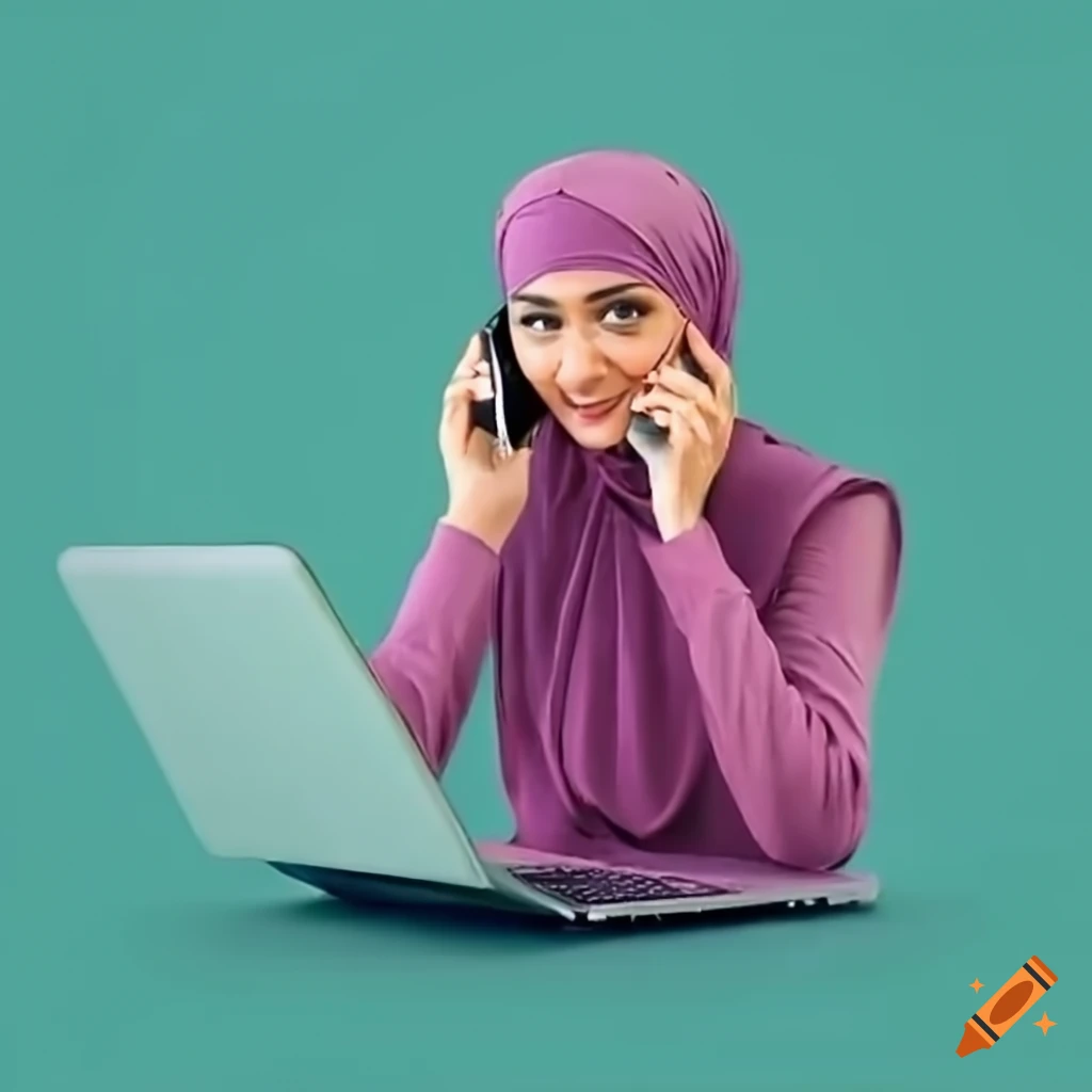 Muslim woman using laptop and talking on phone with Al-lateef in the background