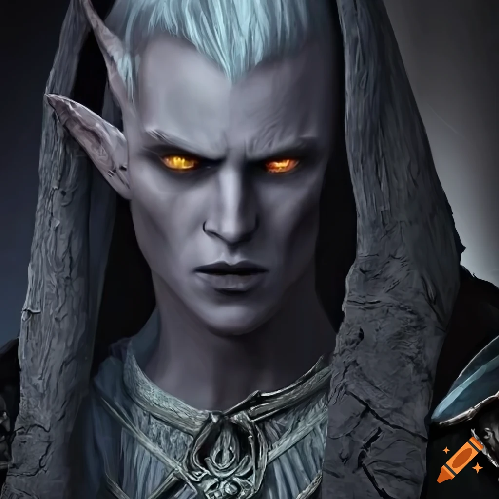 Photorealistic depiction of a dark elf with a twisted wooden quarterstaff