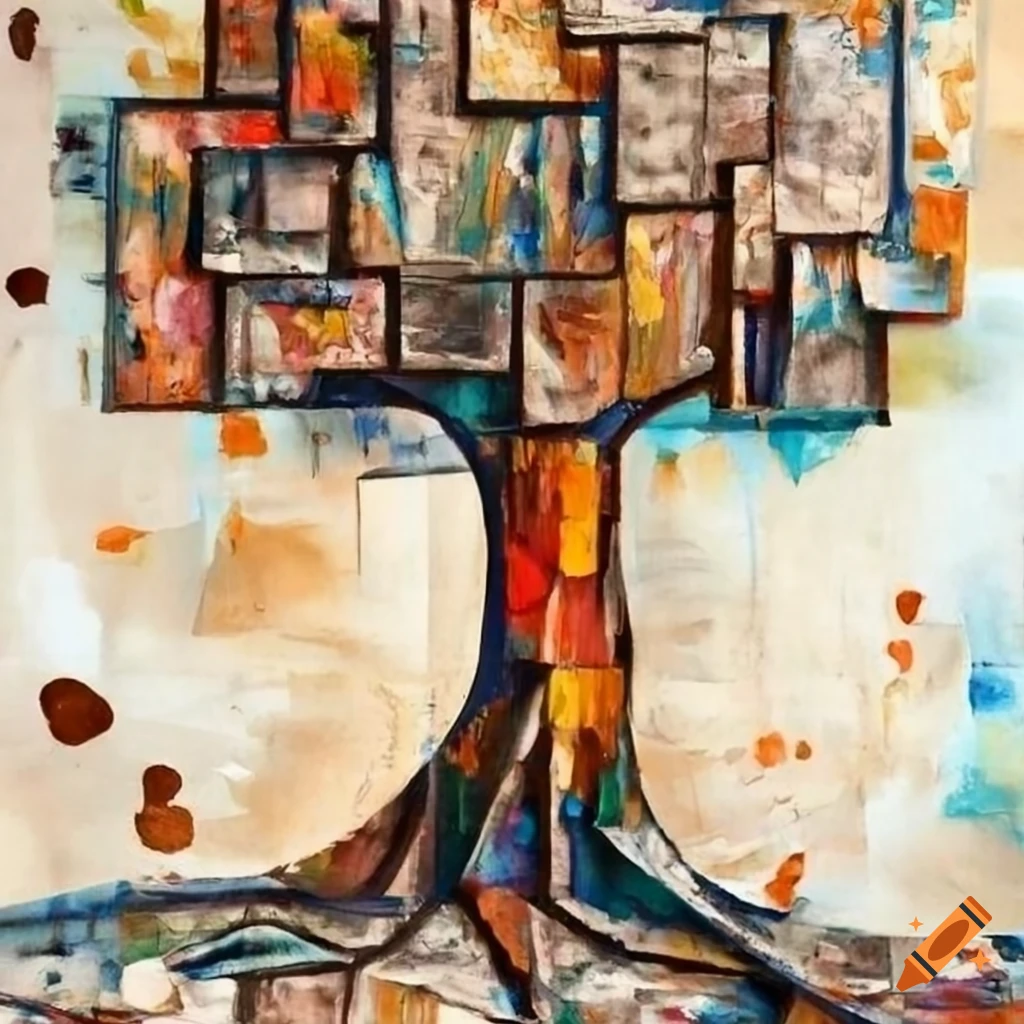 Abstract tree shaped collage with mixed media newspaper and thick oil ...