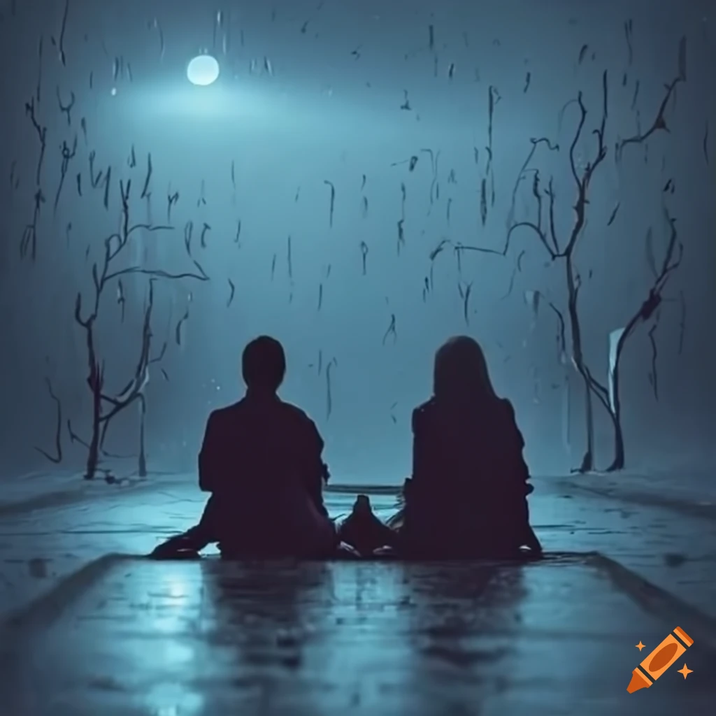 Couple sitting together in the rain at night