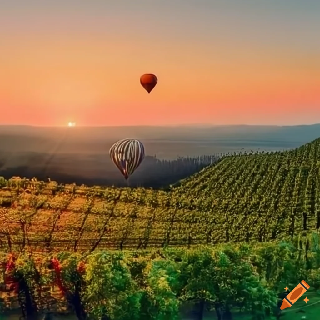 Hot air balloon over vineyard with rising sun on Craiyon
