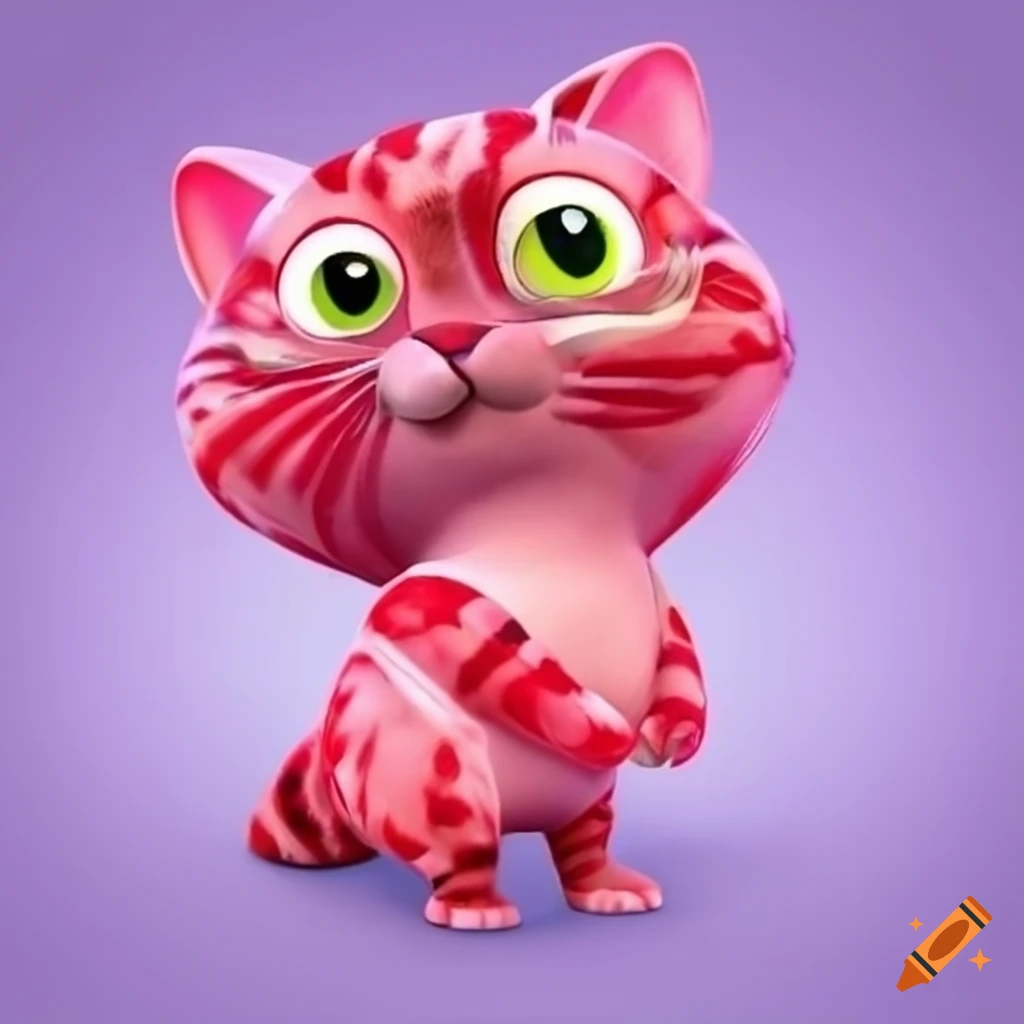 Cute 3d Pink And Red Valentine Tabby Housecat With Heart Markings 